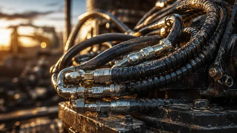 Flexibles et raccords hydrauliques au coucher du soleil