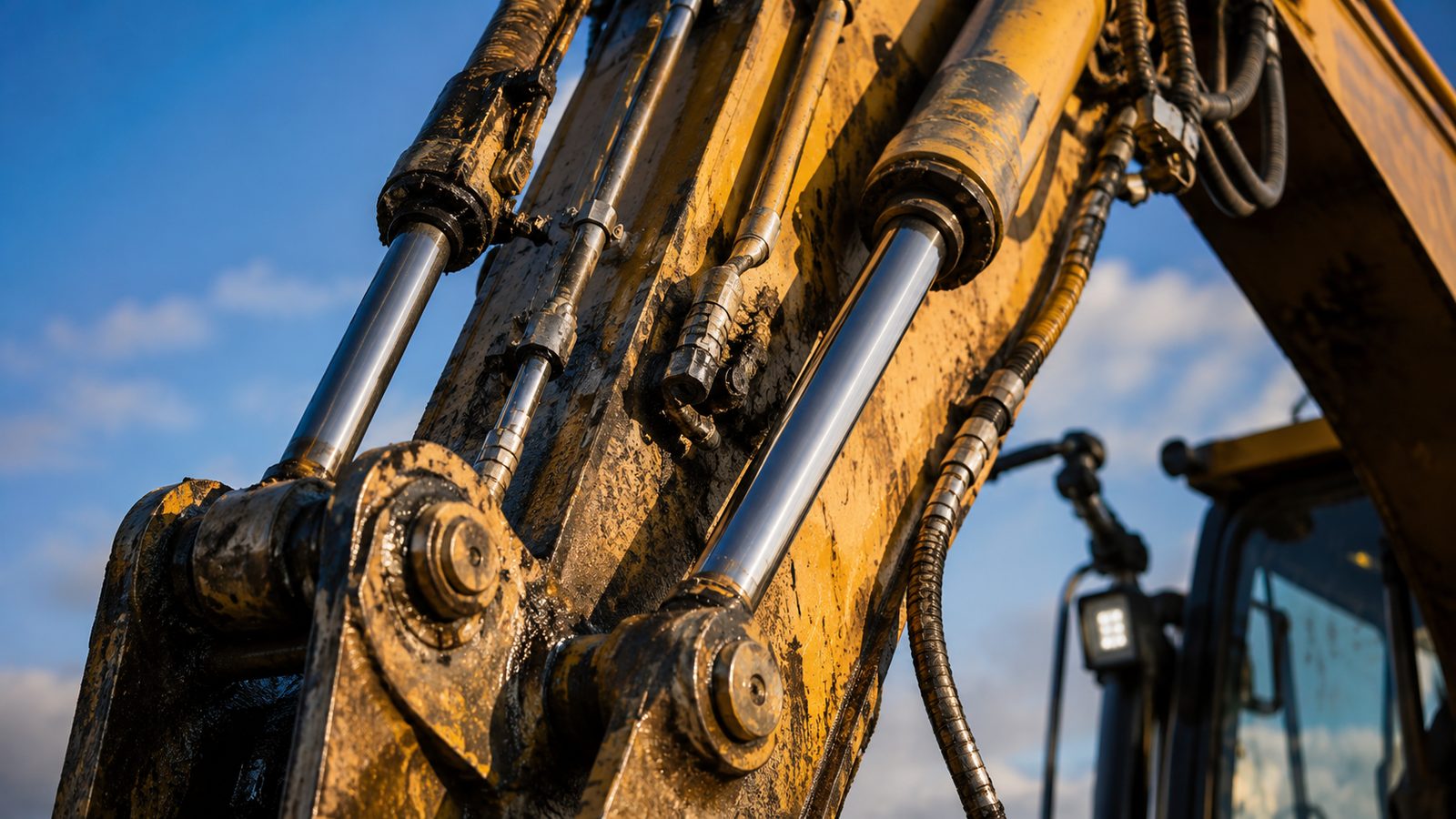 Vérins hydrauliques chromés du bras d'un tractopelle